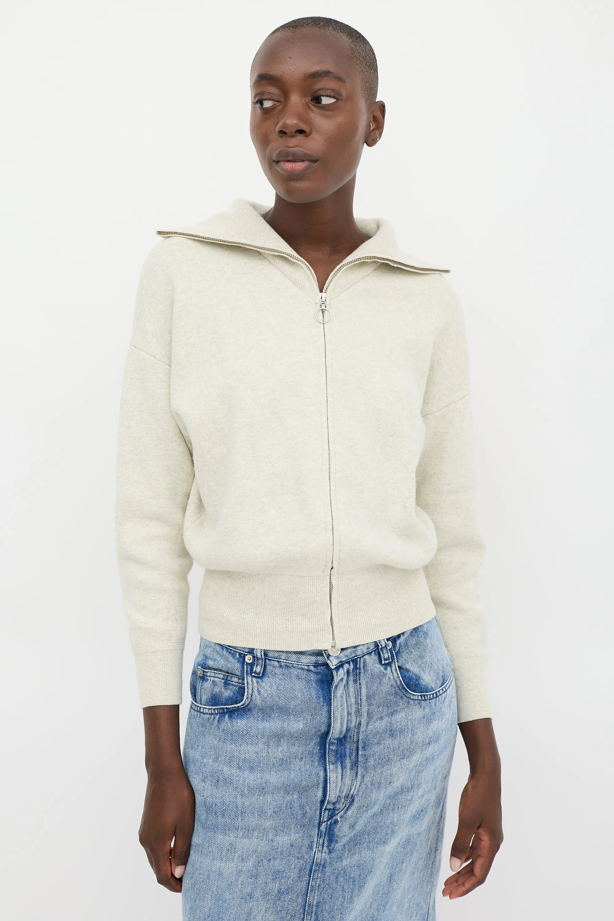 Beige Cotton & Wool Zip Cardigan