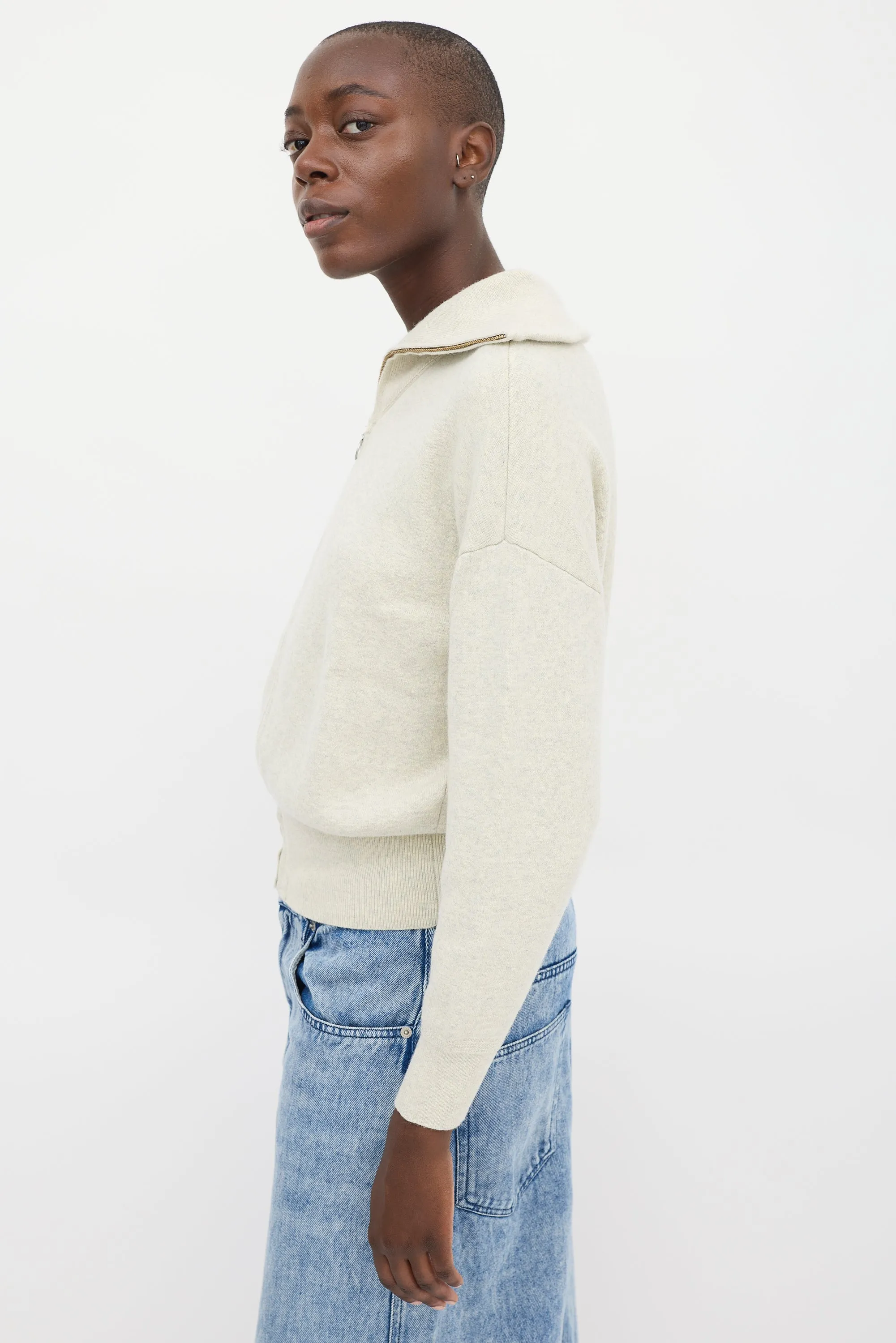 Beige Cotton & Wool Zip Cardigan