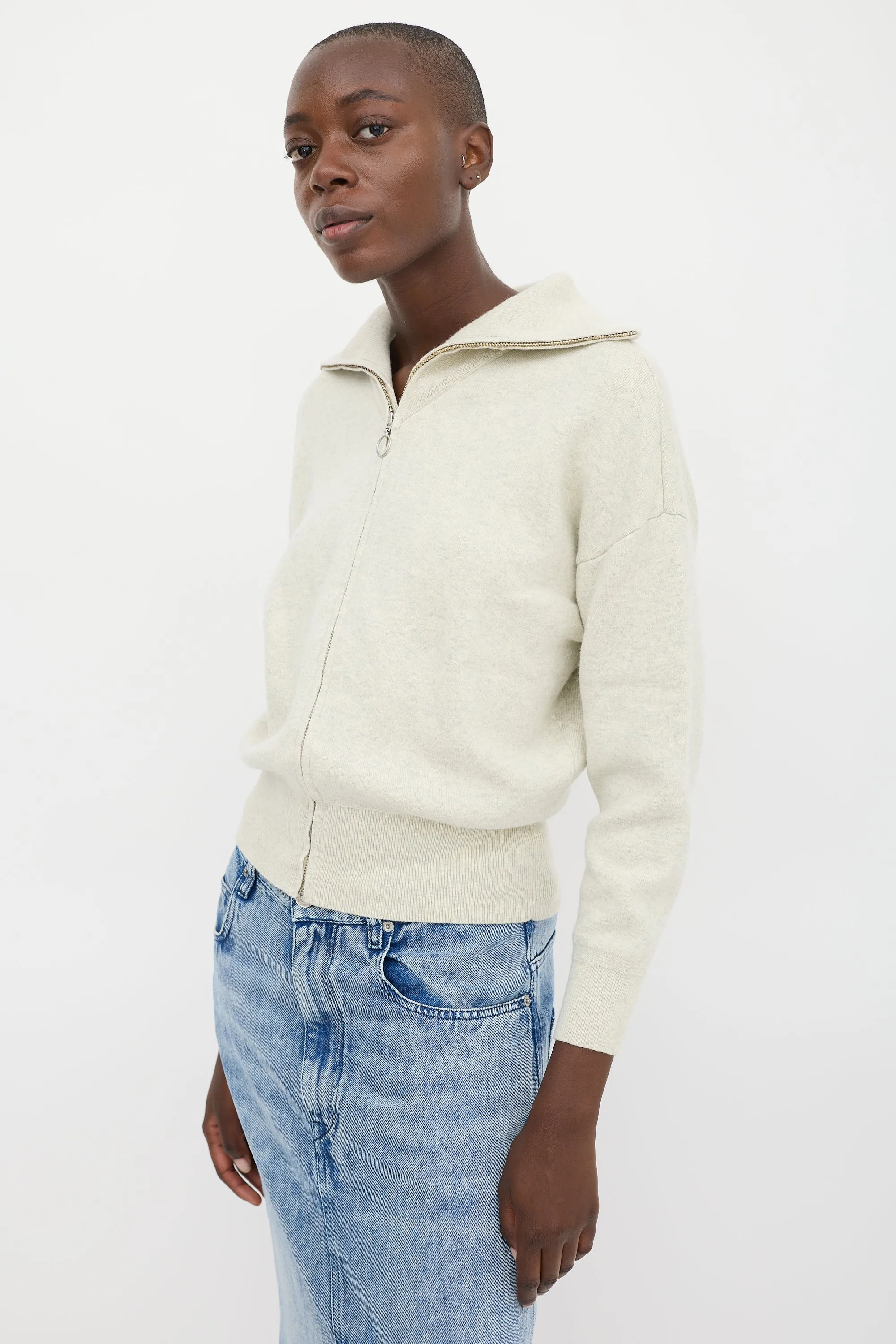 Beige Cotton & Wool Zip Cardigan