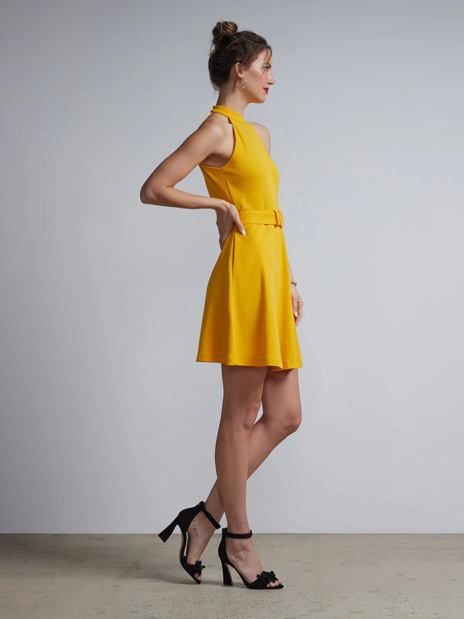 Belted Halterneck Flare Dress - City Knits