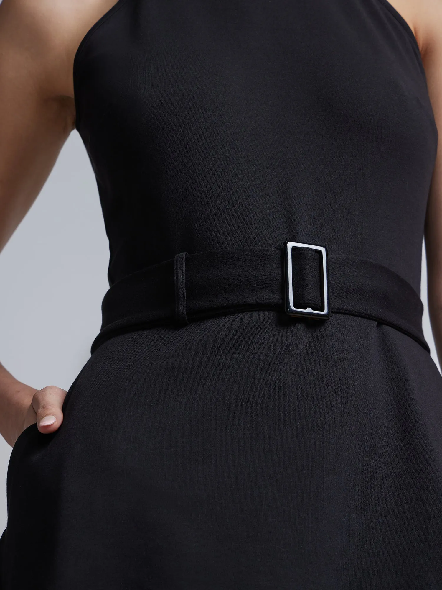 Belted Halterneck Flare Dress - City Knits