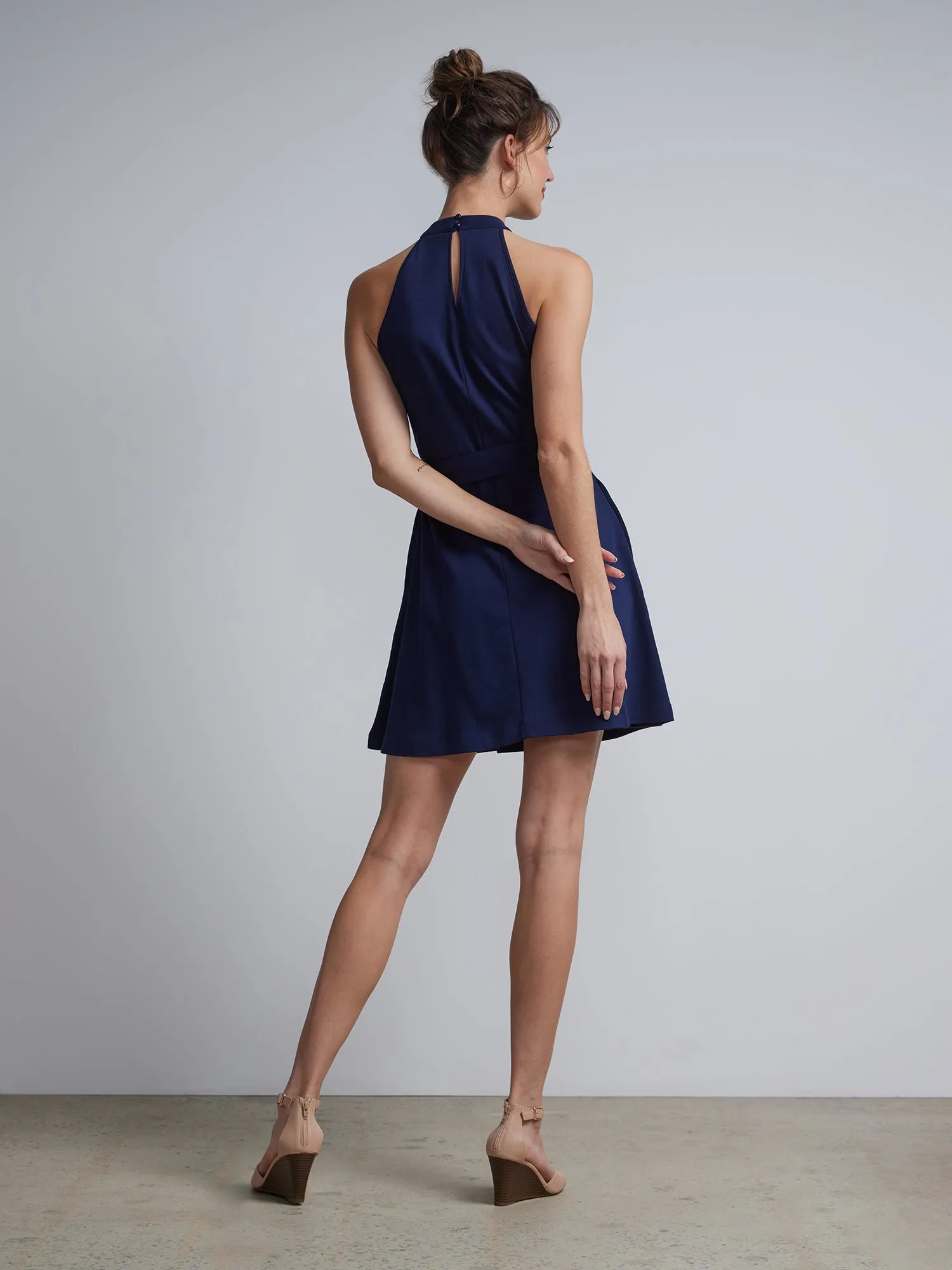 Belted Halterneck Flare Dress - City Knits