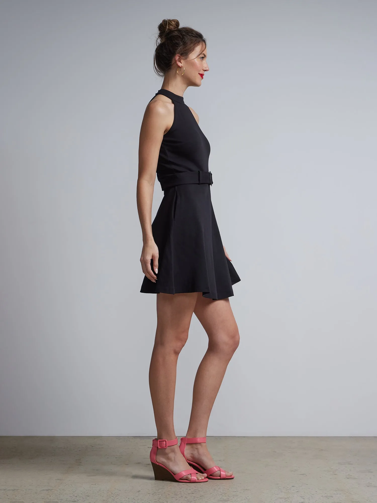 Belted Halterneck Flare Dress - City Knits
