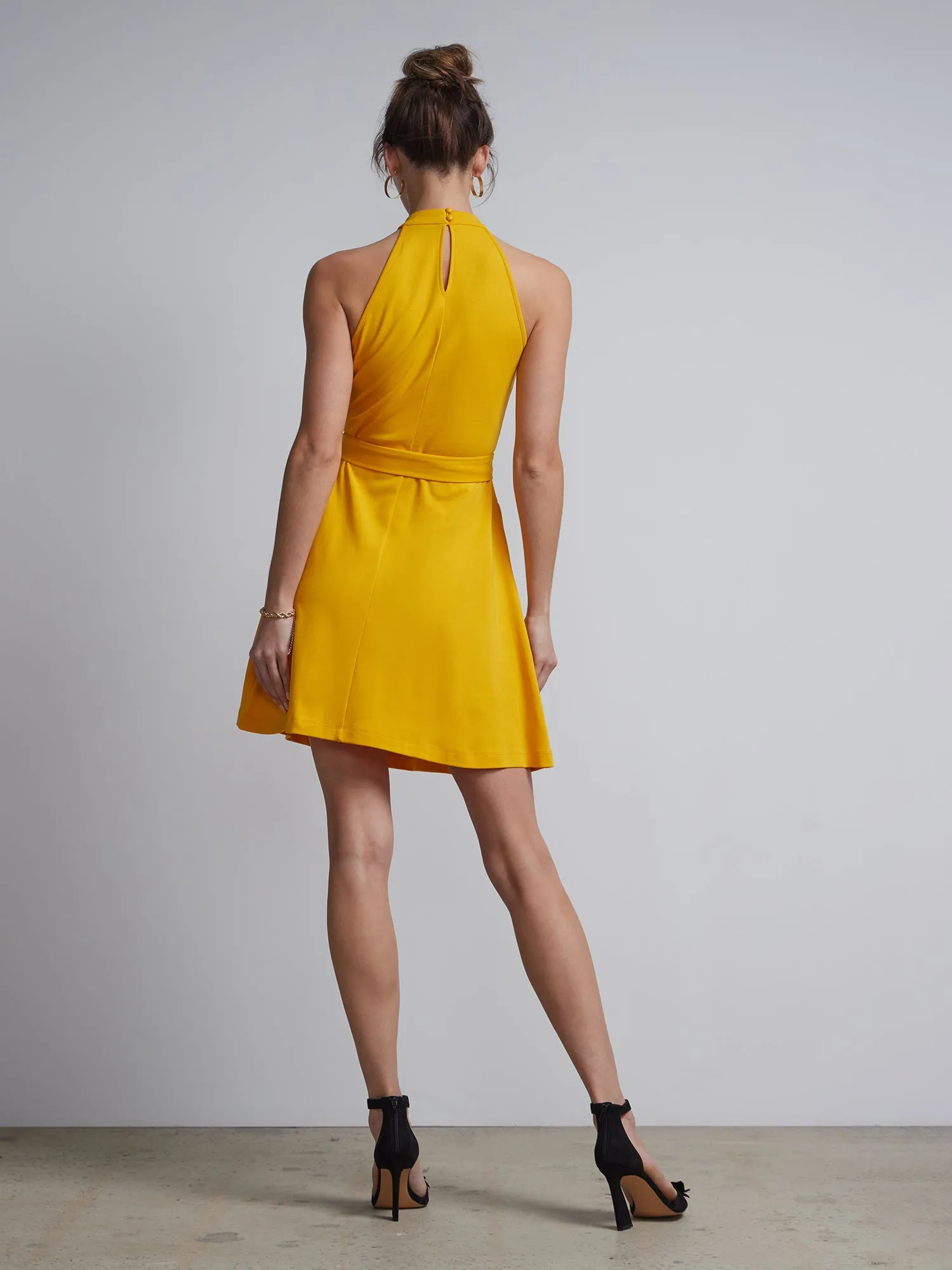 Belted Halterneck Flare Dress - City Knits
