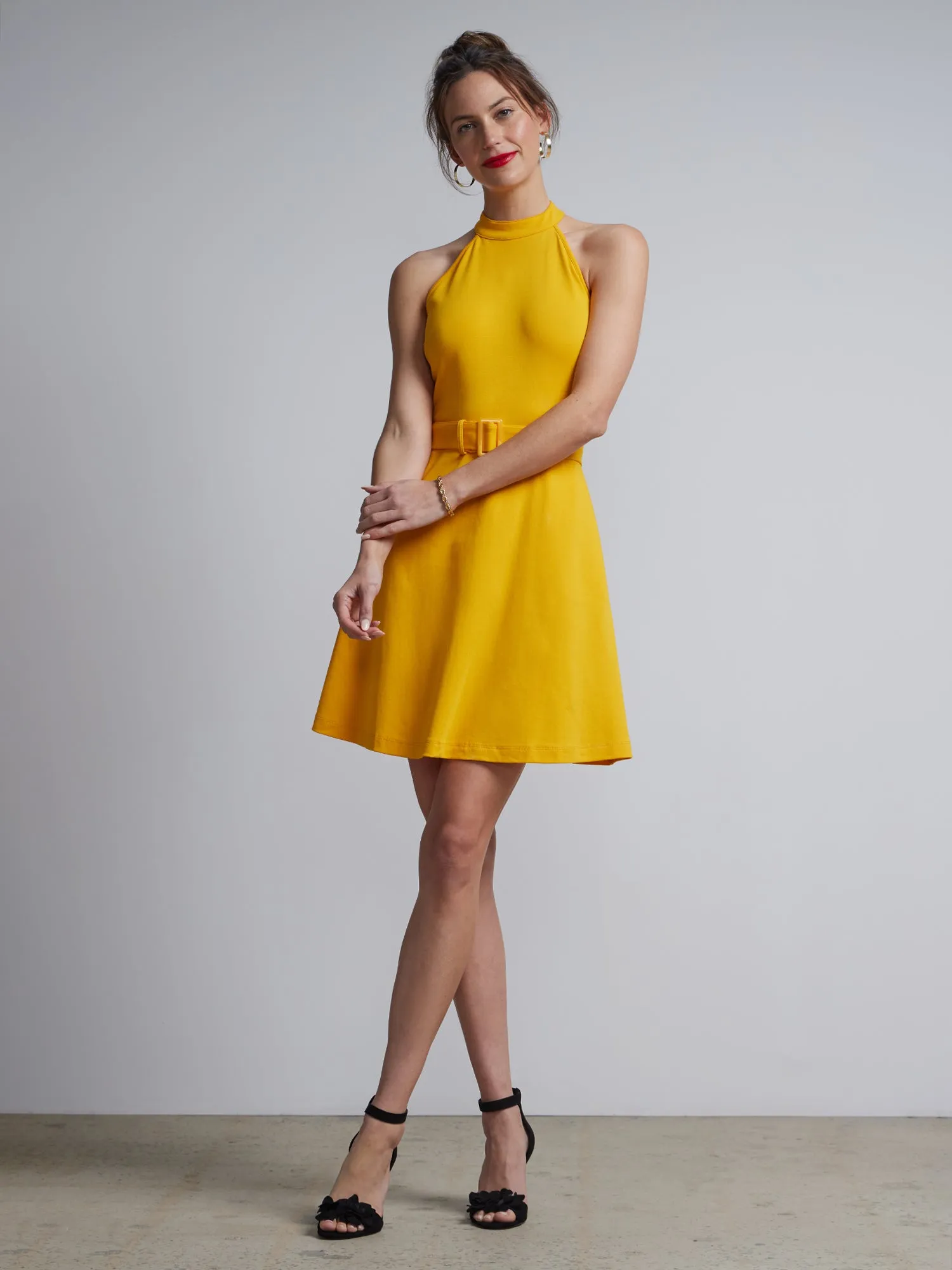 Belted Halterneck Flare Dress - City Knits