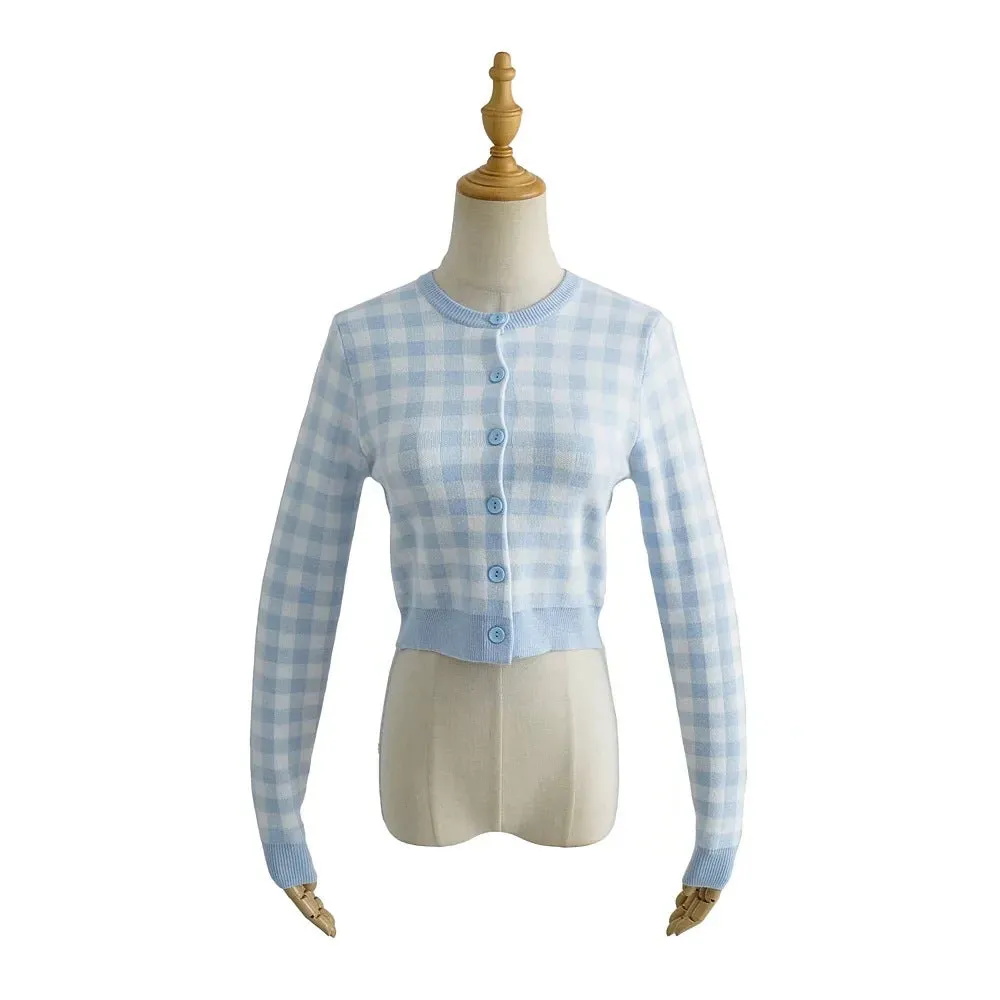 christmas outfit Sonicelife Checkered Button Front Knit Crop Cardigan