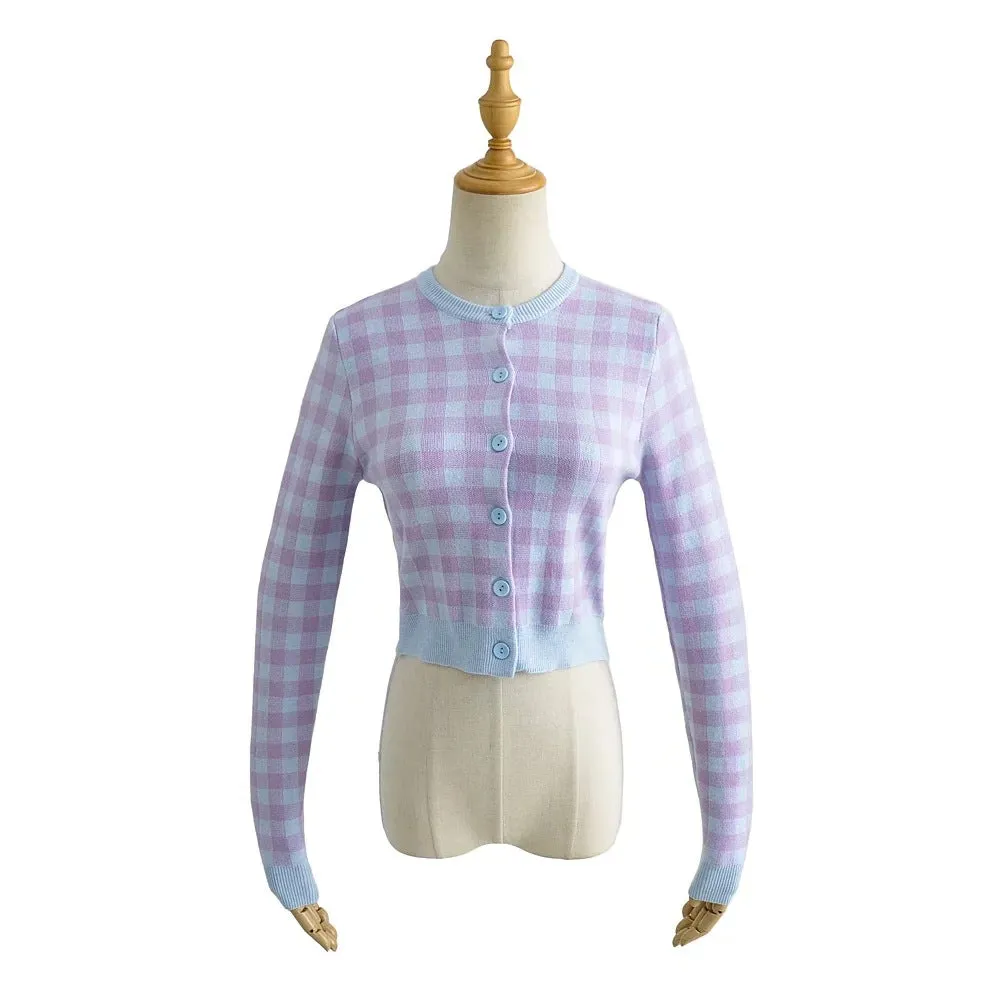 christmas outfit Sonicelife Checkered Button Front Knit Crop Cardigan