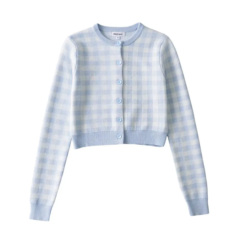 christmas outfit Sonicelife Checkered Button Front Knit Crop Cardigan