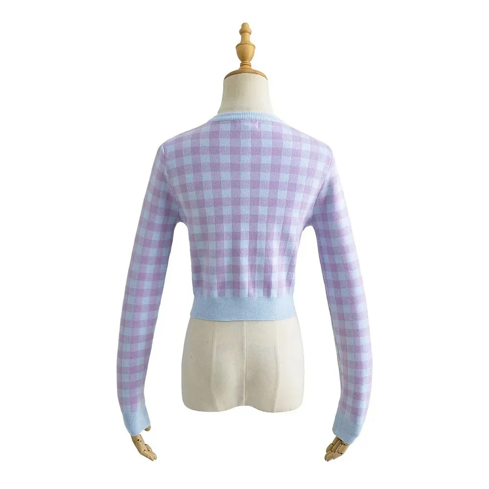 christmas outfit Sonicelife Checkered Button Front Knit Crop Cardigan