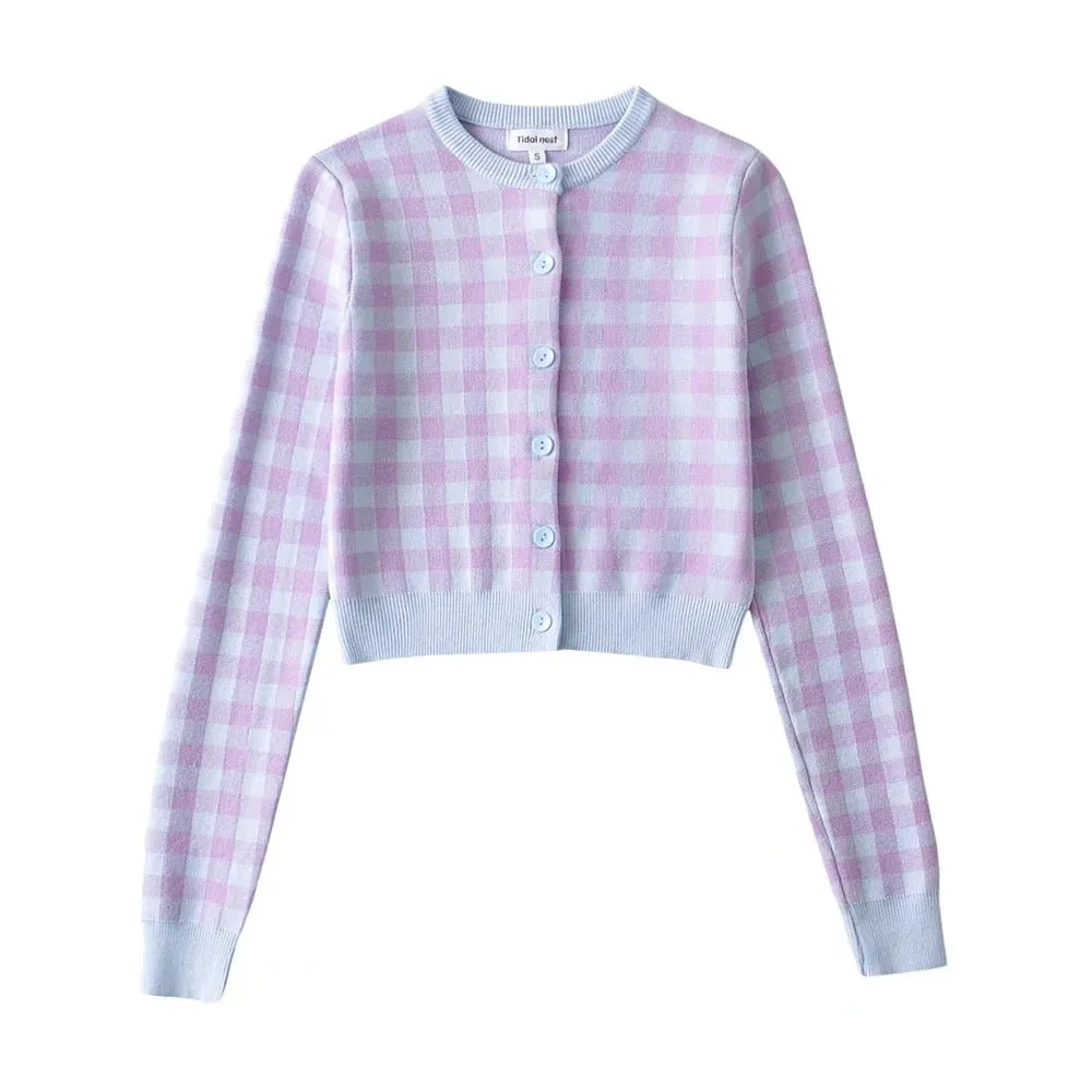 christmas outfit Sonicelife Checkered Button Front Knit Crop Cardigan