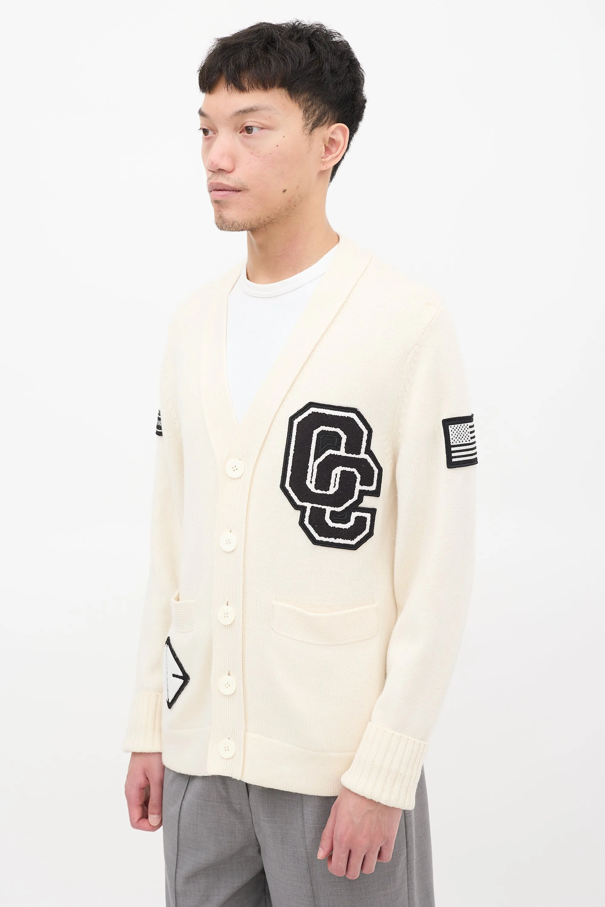 Cream & Black Wool Logo Patch Cardigan