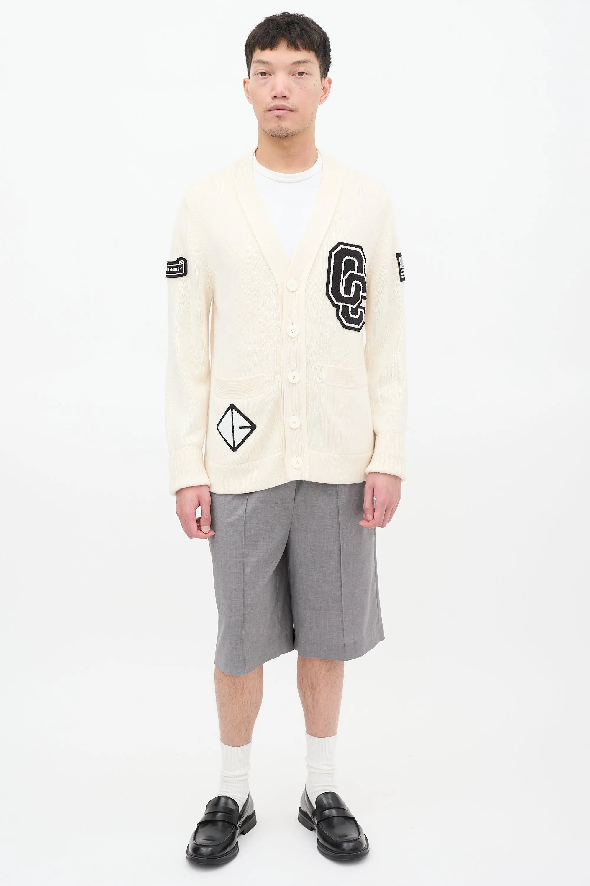 Cream & Black Wool Logo Patch Cardigan