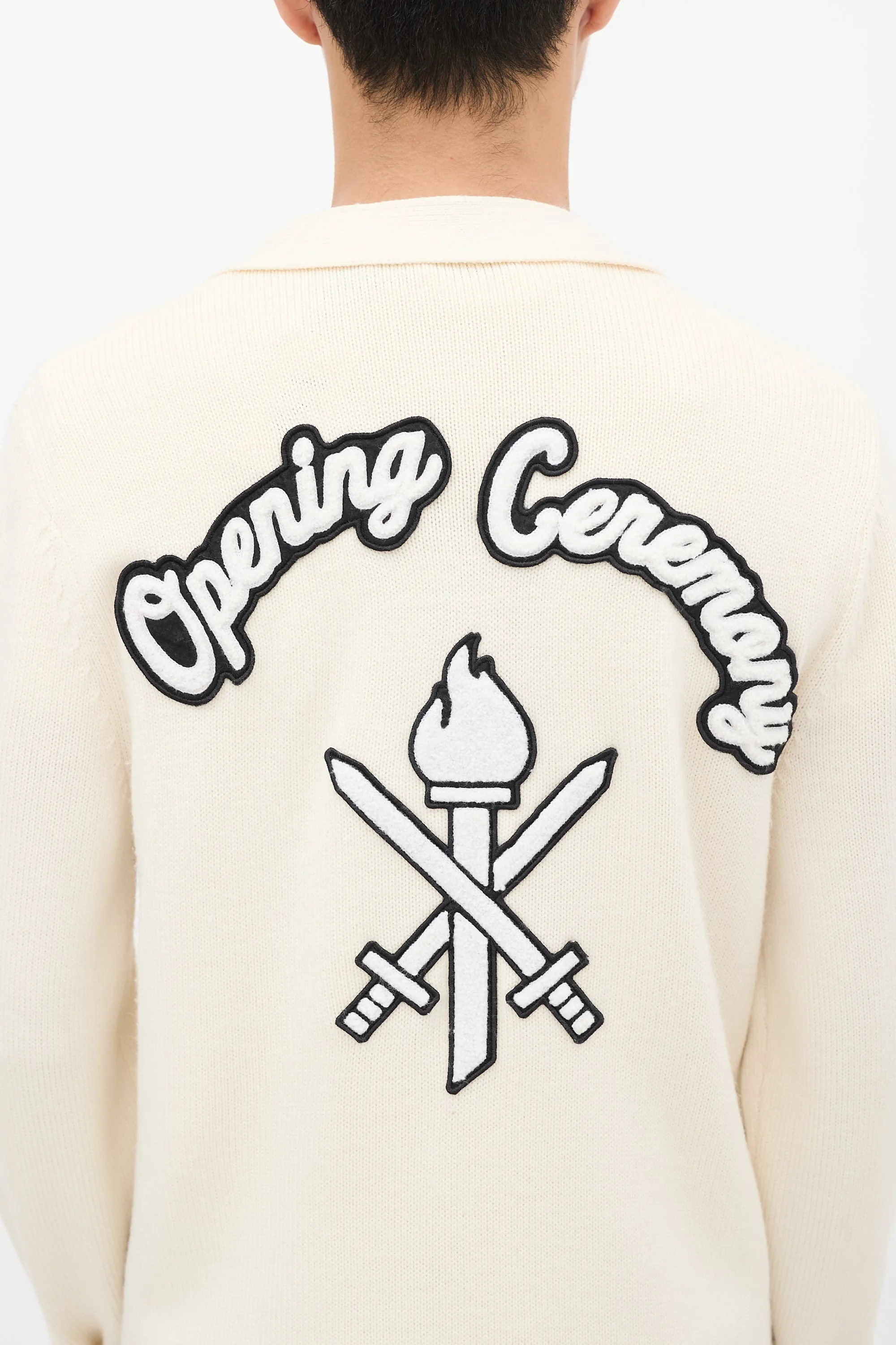 Cream & Black Wool Logo Patch Cardigan