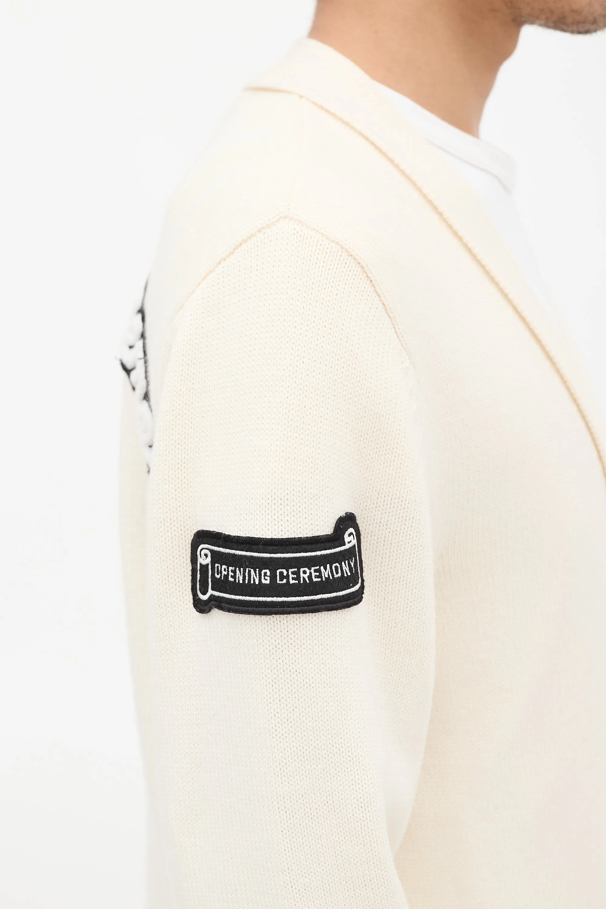 Cream & Black Wool Logo Patch Cardigan