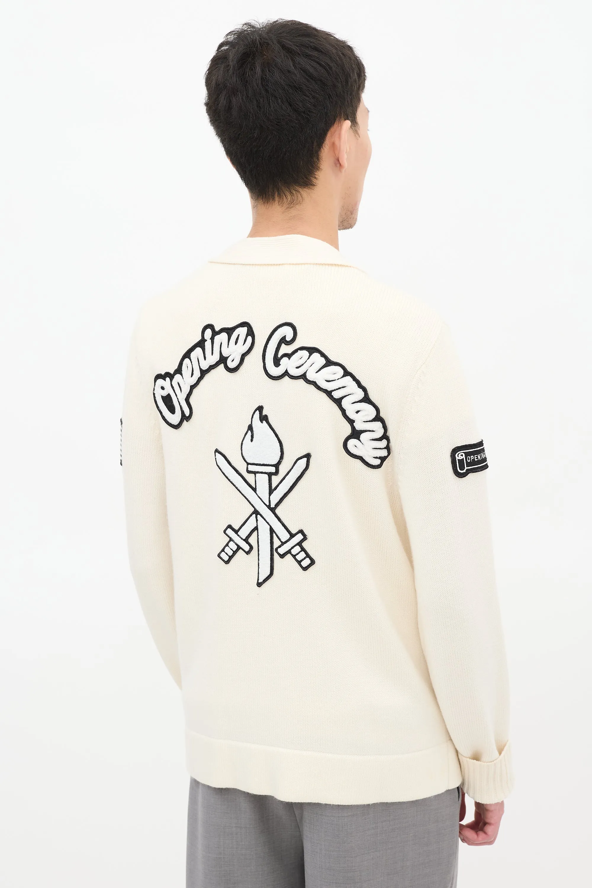 Cream & Black Wool Logo Patch Cardigan