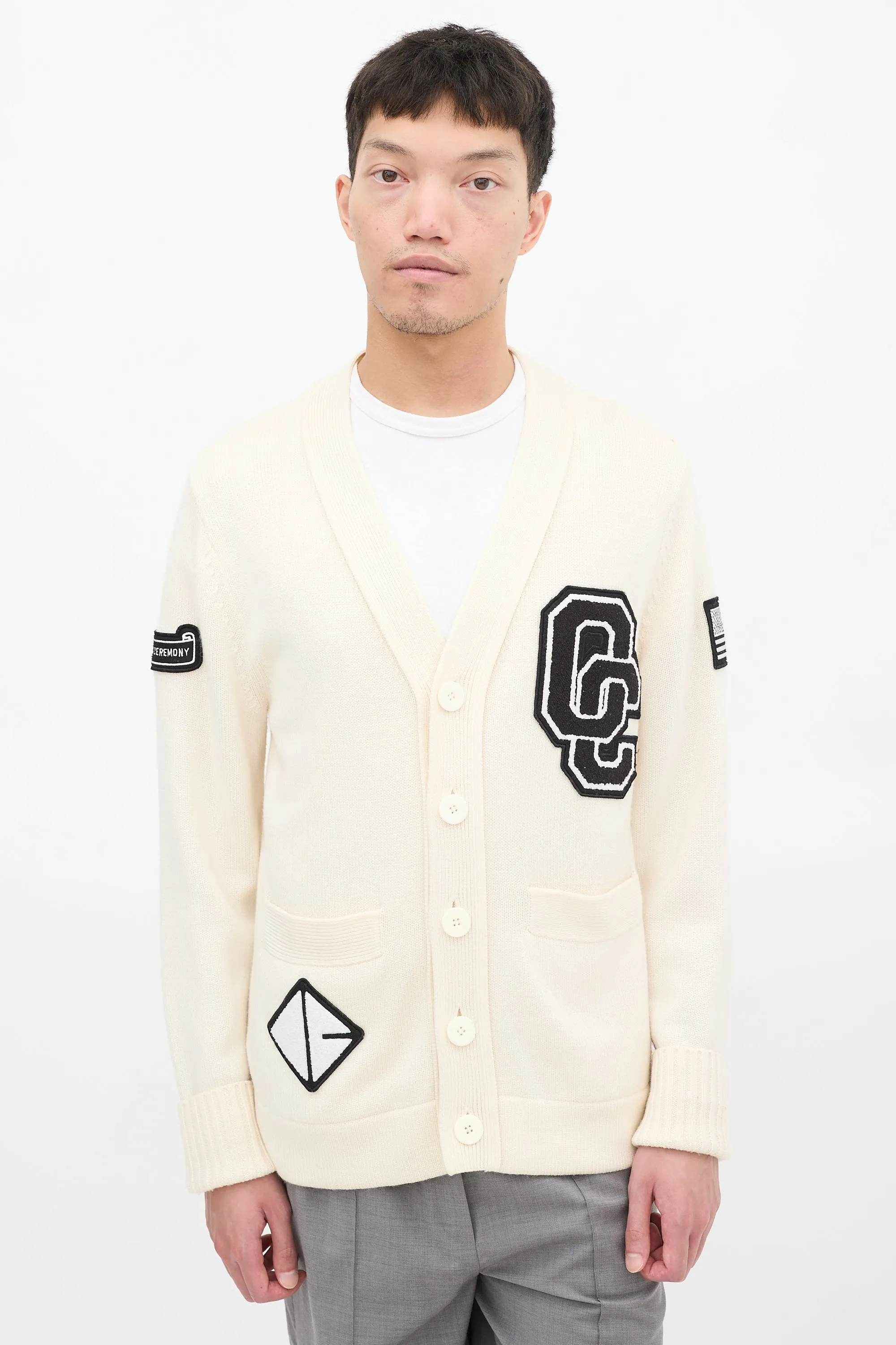 Cream & Black Wool Logo Patch Cardigan