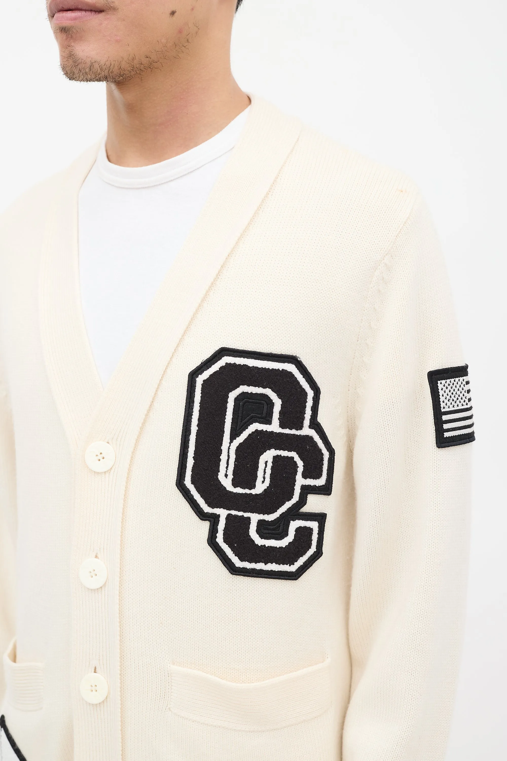 Cream & Black Wool Logo Patch Cardigan