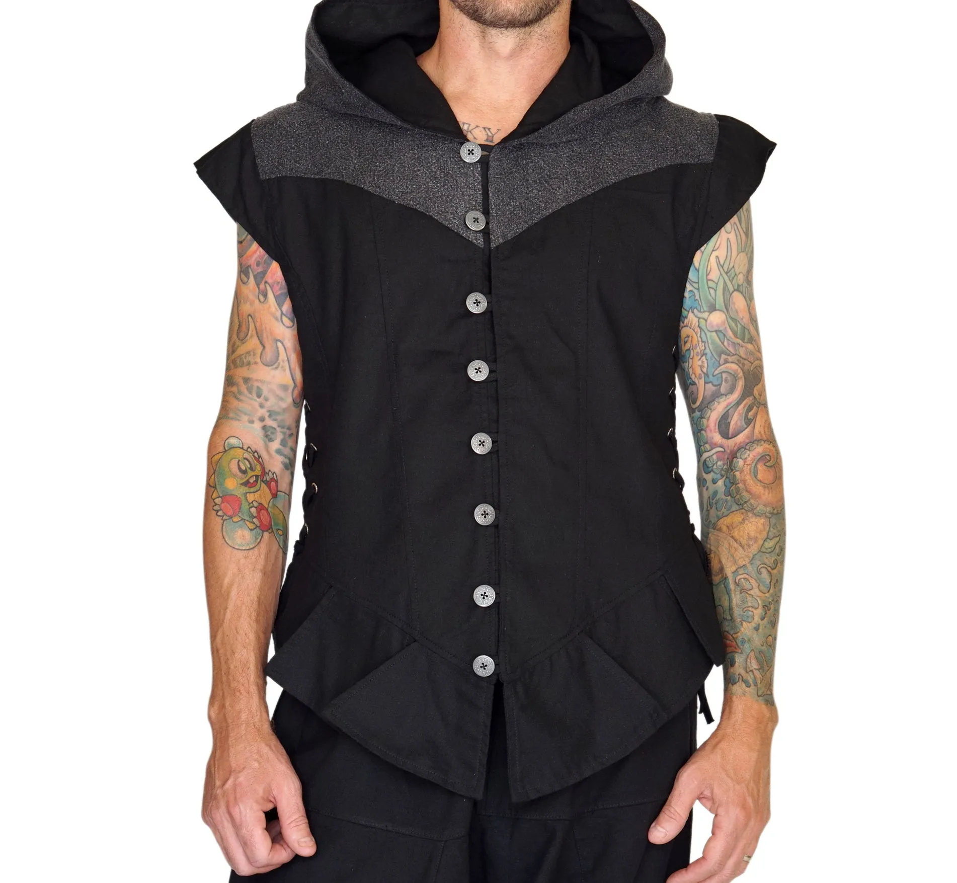 'Hooded Doublet' Steampunk Vest - Black/Stone Black