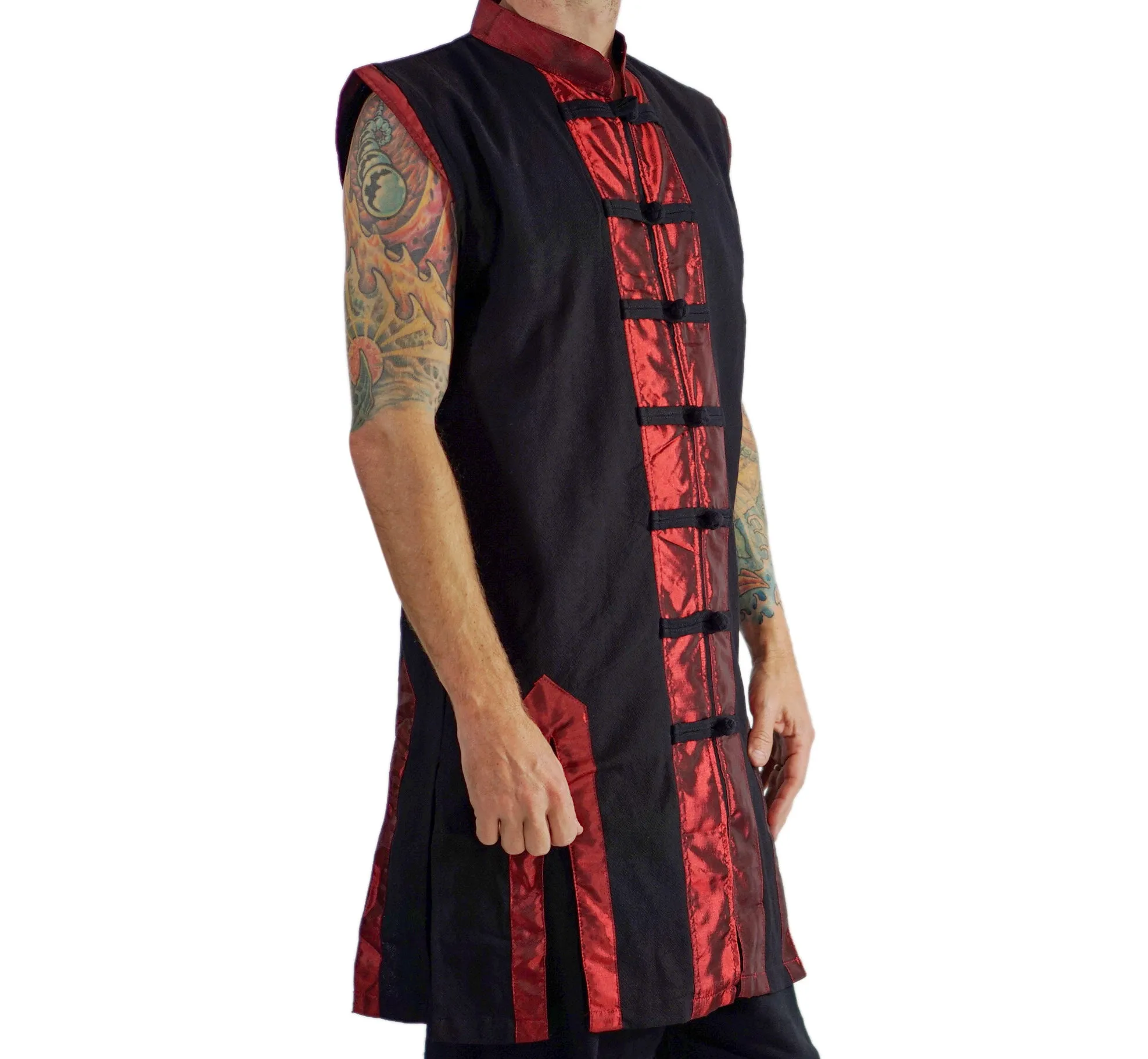 'Long Pirate Vest', Silk Trim - Red