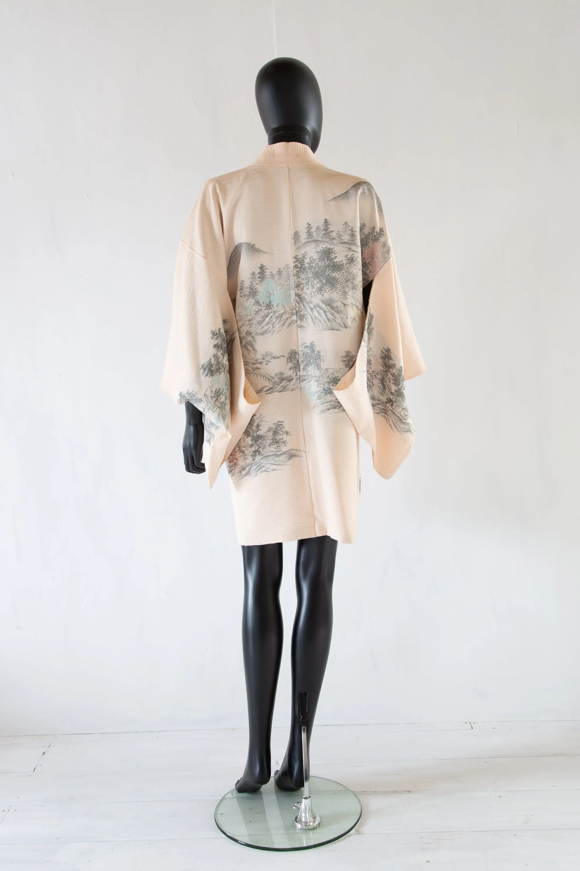 Vintage 1960s Blush Cream Silk Landscape Haori Jacket
